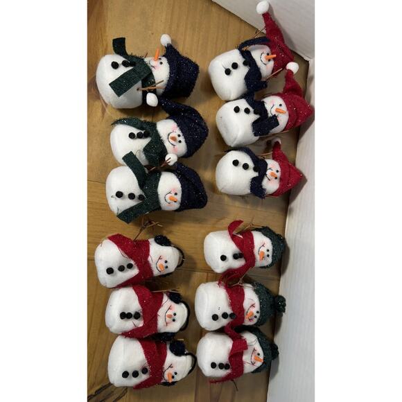 12 Puffy Felt Snowmen Christmas Ornaments Dressed In Hats/ Scarves W/ Twig Arms - Picture 1 of 10